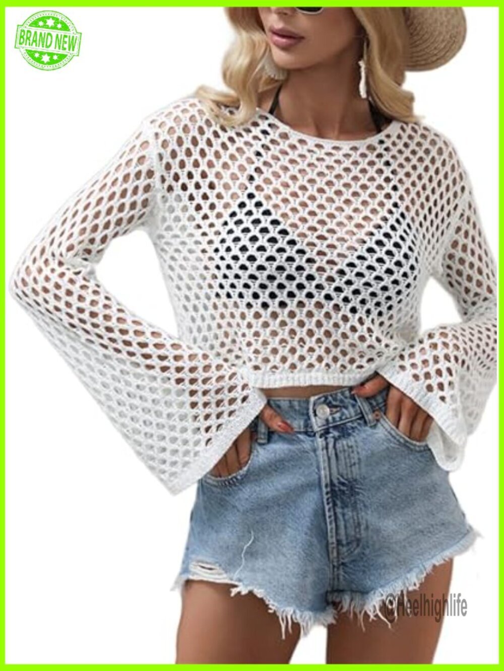 Mesh Crochet Crop Top Long Sleeve Hollow Out Knit Sweater Beach Cover Up